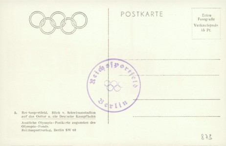 Adressseite der Ansichtskarte Reichssportfeld, Blick v. Schwimmstadion auf das Osttor u. die Deutsche Kampfbahn