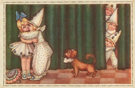 Alte Ansichtskarte Künstlerkarte ähnlich Emilio Colombo, Knabe als Pierrot umarmt Mädchen, Dackel