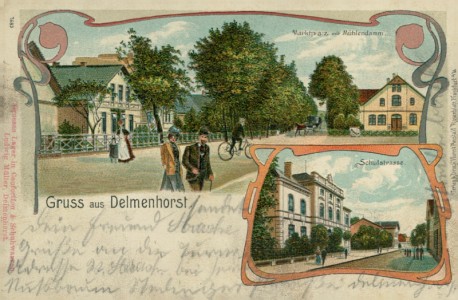 Alte Ansichtskarte Gruss aus Delmenhorst, Marktplatz mit Mühlendamm, Schulstrasse