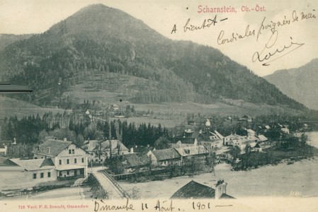 Alte Ansichtskarte Scharnstein, Teilansicht mit Gasthaus zur Holzmühle (STECKNADELLÖCHER)