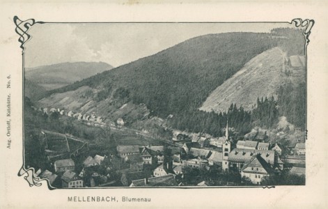 Alte Ansichtskarte Blumenau (Schwarzatal), Panorama (Jugendstil-Dekor)
