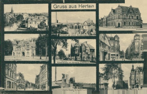 Alte Ansichtskarte Herten, Mehrbildkarte mit Centrale der elektr. Straßenbahn und Zeche Ewald