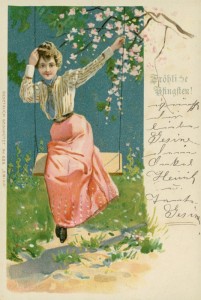 Alte Ansichtskarte Fröhliche Pfingsten, Frau auf Schaukel (vermutlich eine unsignierte Mailick-Karte)