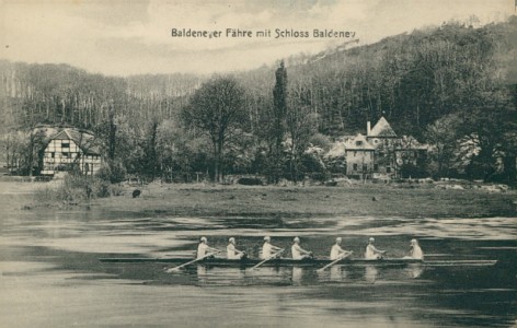 Alte Ansichtskarte Rudern / rowing / aviron, Essen, Baldeneyer Fähre mit Schloss Baldeney