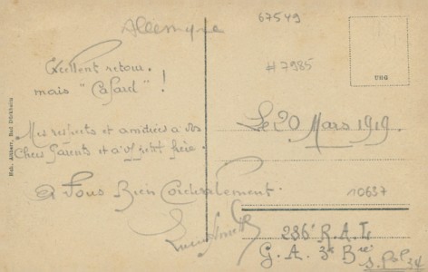 Adressseite der Ansichtskarte Worms-Pfiffligheim, Westendhöhe und Park, Kirche und Kriegerdenkmal, Lutherbaum, Bahnhof