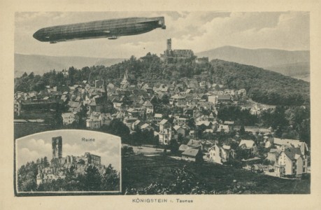 Alte Ansichtskarte Königstein im Taunus, Zeppelin über der Stadt, Ruine