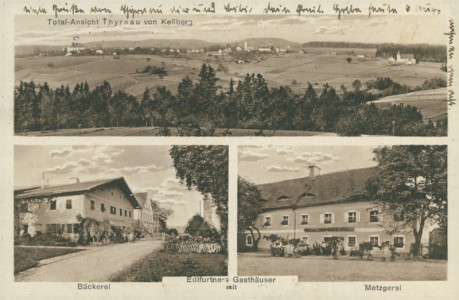 Alte Ansichtskarte Thyrnau, Total-Ansicht Thyrnau von Kellberg, Edifurtners Gasthäuser mit Bäckerei und Metzgerei