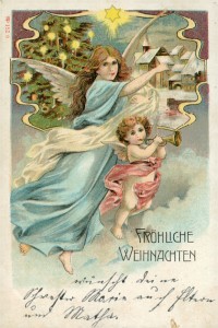 Alte Ansichtskarte Fröhliche Weihnachten, Engel, Jugendstil-Dekor