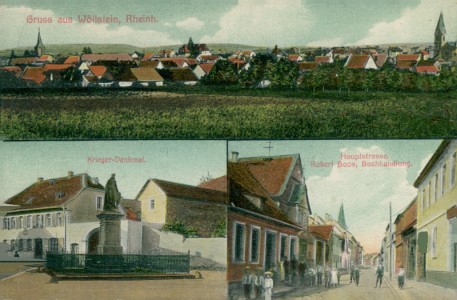 Alte Ansichtskarte Wöllstein, Total, Krieger-Denkmal, Hauptstrasse mit Buchhandlung von Robert Boos