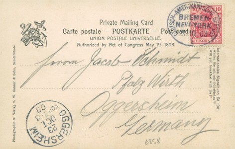 Adressseite der Ansichtskarte Schnelldampfer Kronprinz Wilhelm, Stempel Deutsch Amerikanische Seepost Bremen-New York