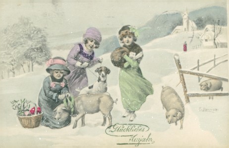 Alte Ansichtskarte Glückliches Neujahr, Kinder mit Hund und Schweinen in Schneelandschaft