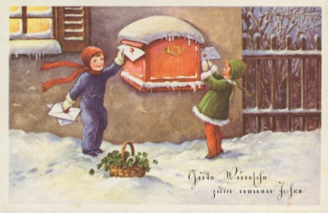Alte Ansichtskarte Gute Wünsche zum neuen Jahre, Kinder am Briefkasten, Korb mit Klee