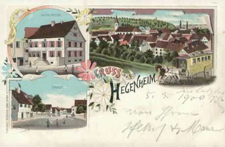 Alte Ansichtskarte Gruss aus Hegenheim, Restauration zur Post J. Jaeck, Total, Strasse, Postkutsche Hegenheim-Basel