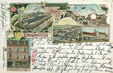 Alte Ansichtskarte Gruss aus Königshofen, Mühlenbauanstalt Schneider, Jaquet u. Co., Brauerei Gruber u. Co., Kapuzinerkloster, Geschäftshaus A. Beiler