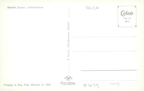 Adressseite der Ansichtskarte Rastatt, Luftaufnahme