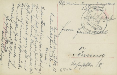 Adressseite der Ansichtskarte S. M. Panzerkreuzer Goeben, Stempel KMS Deutsche Marine Schiffspost N° 59