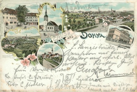 Alte Ansichtskarte Gruss aus Dohna, Ratskeller, Kirche, Blick von Robsch., Müglitztal, Blick vom Schießhaus, Schule