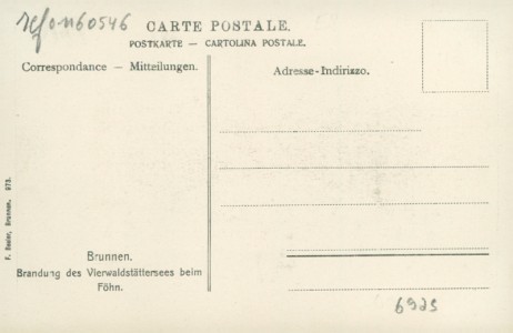 Adressseite der Ansichtskarte Brunnen SZ, Brandung des Vierwaldstättersees beim Föhn
