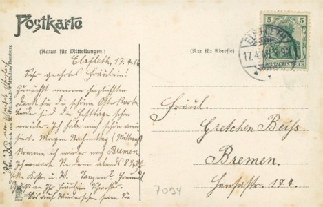 Adressseite der Ansichtskarte Elsfleth, Denkmal des Herzogs Wilhelm v. Braunschweig-Oels