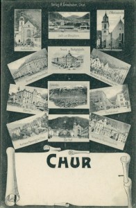Alte Ansichtskarte Chur, 12 Ansichten, u. a. Poststrasse und Neues Hotel Steinbock