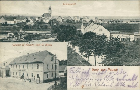 Alte Ansichtskarte Riesa-Pausitz, Totalansicht, Gasthof zu Pausitz, Inh. O. Hettig