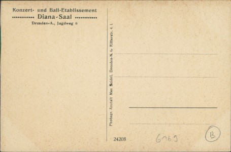 Adressseite der Ansichtskarte Dresden-Altstadt, Konzert- und Ball-Etablissement Diana-Saal, Jagdweg 6