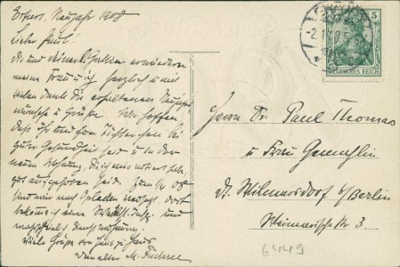 Adressseite der Ansichtskarte Viel Glück im Neuen Jahre, Jahreszahl "1908"