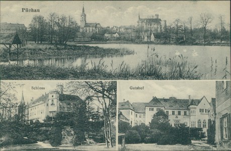 Alte Ansichtskarte Machern-Püchau, Gesamtansicht, Schloss, Gutshof