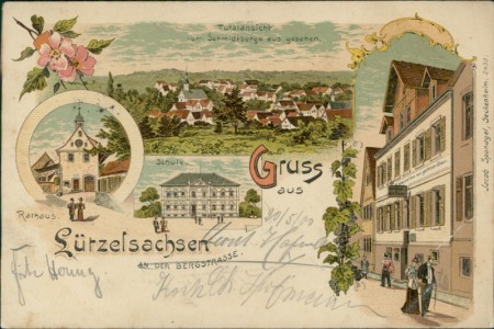 Alte Ansichtskarte Gruss aus Lützelsachsen, Totalansicht vom Schmidtberge aus gesehen, Rathaus, Schule, Restauration zum goldnen Stern (GROßER ECKKNICK UNTEN RECHTS)