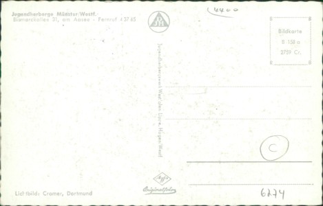 Adressseite der Ansichtskarte Münster, Jugendherberge, Bismarckallee 31, am Aasee