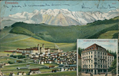 Alte Ansichtskarte Einsiedeln, Gesamtansicht, Gasthof zum Klostergarten (SCHLECHTE ERHALTUNG)