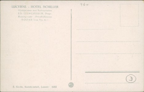 Adressseite der Ansichtskarte Luzern, Schiller-Hotel Garni, Pilatusstrasse mit Pilatus