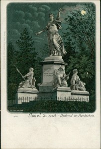 Alte Ansichtskarte Basel, St. Jacob-Denkmal im Mondschein