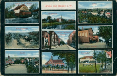 Alte Ansichtskarte Gruss aus Bünde, Mehrbildkarte mit Bahnhof und Turnhalle