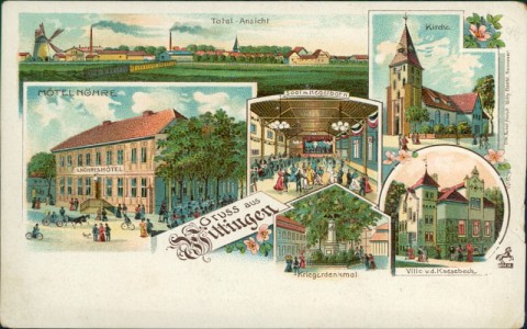 Alte Ansichtskarte Gruss aus Wittingen, Total-Ansicht mit Windmühle, Kirche, Hotel Nöhre, Saal m. Kegelbahn, Kriegerdenkmal, Villa v. d. Knesebeck