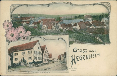 Alte Ansichtskarte Hegenheim / Hégenheim, Gesamtansicht, Restauration von Wwe. Charon-Latschat