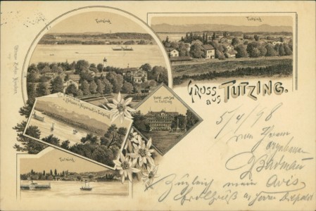 Alte Ansichtskarte Gruss aus Tutzing, Teilansicht, Panorama v. Johann von Nepomuk, Hotel "am See"