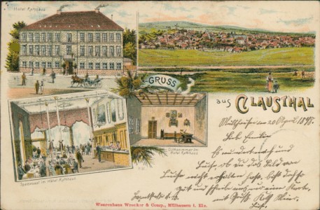 Alte Ansichtskarte Gruss aus Clausthal, Hotel Rathaus, Speisesaal, Goethezimmer im Hotel Rathaus, Gesamtansicht