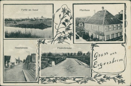 Alte Ansichtskarte Gruss aus Ergersheim, Partie am Kanal, Pfarrhaus, Hauptstrasse, Pionierbrücke