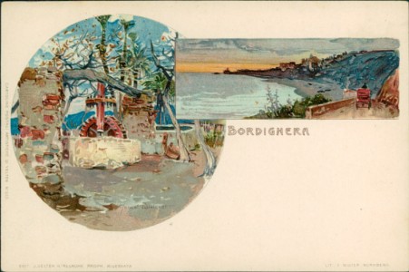 Alte Ansichtskarte Bordighera, Panorama, Brunnen mit Kreuz (sign. Manuel Wielandt)