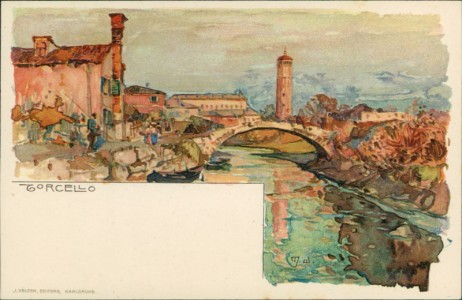 Alte Ansichtskarte Torcello, Teilansicht mit Brücke (sign. Manuel Wielandt)