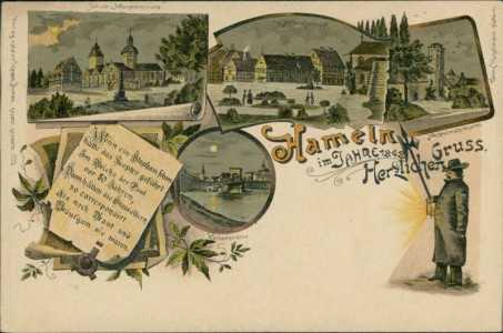 Alte Ansichtskarte Gruss aus Hameln im Jahre 1848, Schule u. Münsterkirche, Münsterkirchhof, Haspelmathturm, Kettenbrücke