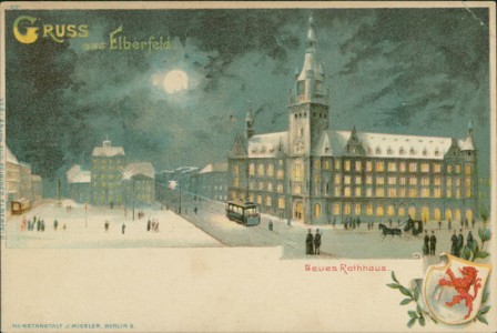 Alte Ansichtskarte Gruss aus Elberfeld, Neues Rathaus mit Wappen im Mondschein