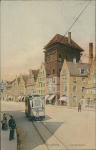 Alte Ansichtskarte Augsburg, Jakoberstraße mit Straßenbahn Linie 14 Lechhausen