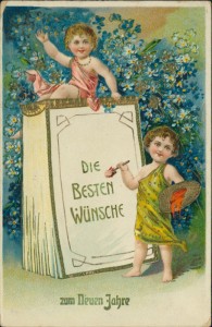 Alte Ansichtskarte Die besten Wünsche zum Neuen Jahre, Kinder vor Kalender, Vergissmeinnicht (Glanzkarte, leicht geprägt)