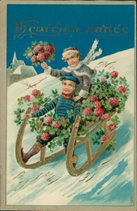 Alte Ansichtskarte Heureuse année, Kinder auf Schlitten (Prägelitho)