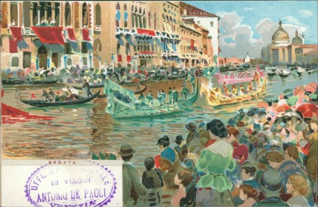 Alte Ansichtskarte Venezia, Feierlichkeit, geschmückte Gondeln (sign. Raffaele Tafuri)