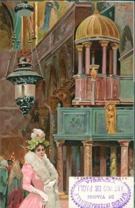 Alte Ansichtskarte Venezia, Dame vor der Kanzel (sign. Raffaele Tafuri)