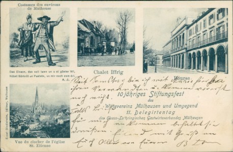 Alte Ansichtskarte Mülhausen / Mulhouse, 10jähriges Stiftungsfest des Wirtevereins Mülhausen und Umgegend. 11. Delegiertentag des Elsass-Lothringischen Gastwirteverbandes Mülhausen (Zweizeiler-Poststempel Oggersheim)