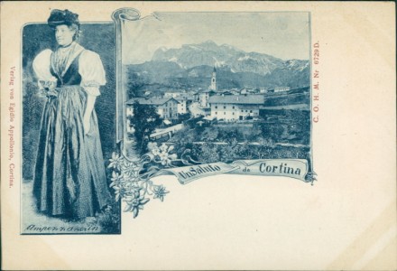 Alte Ansichtskarte Cortina d’Ampezzo, Frau in Tracht, Gesamtansicht